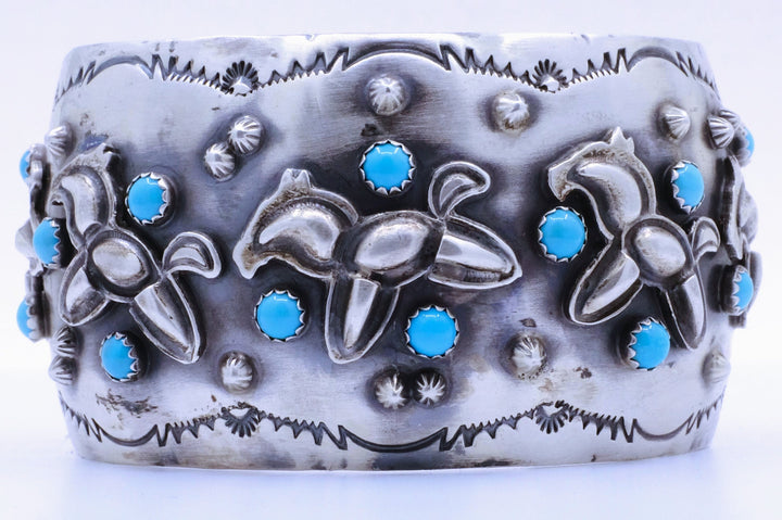 Sterling Silver Turquoise Tom Lewis "Galloping Ponies" Navajo Cuff Bracelet