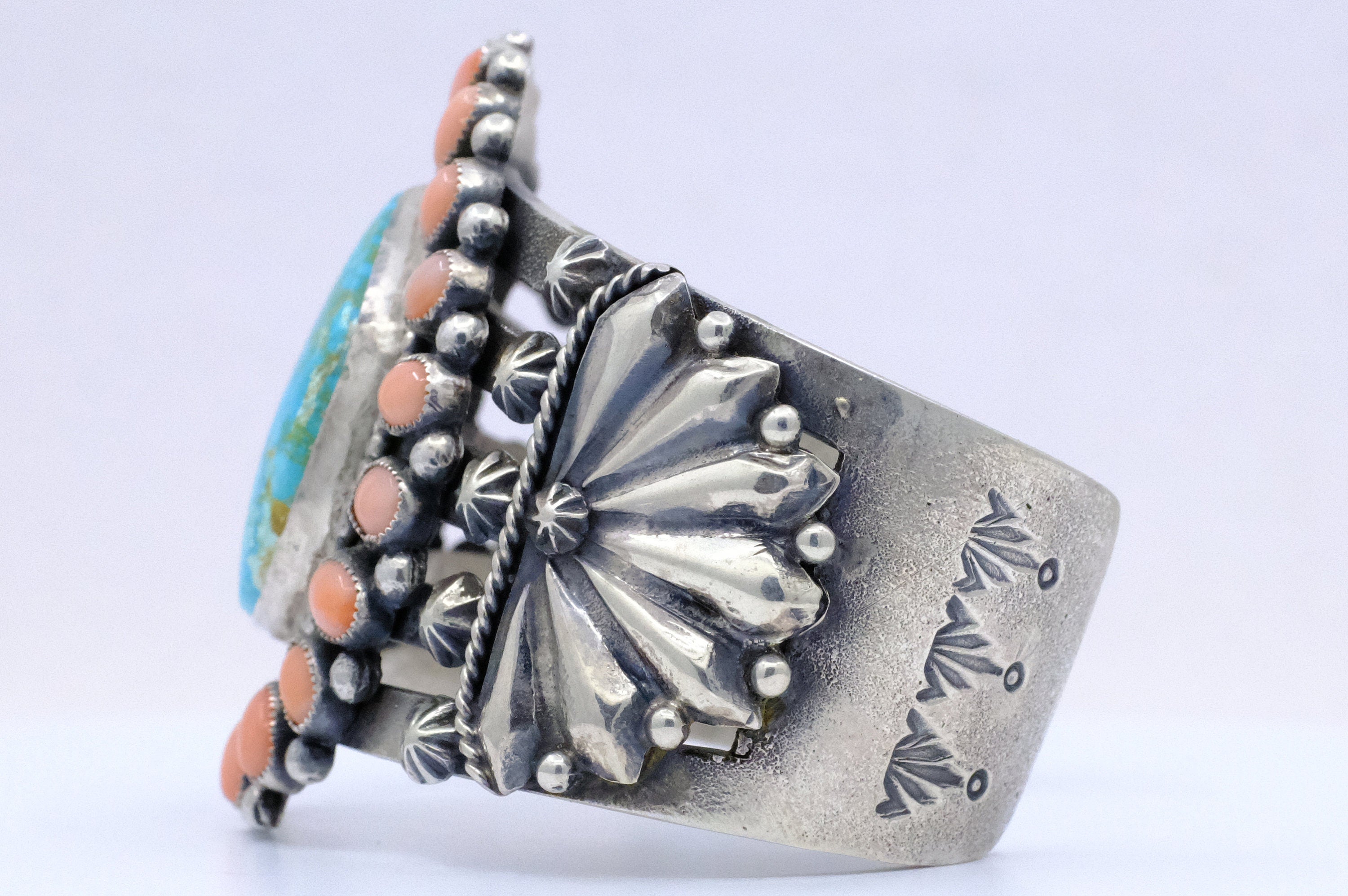 Sterling Silver Kingman Turquoise and Pink Coral Braxton Parkett Navajo Cuff Bracelet