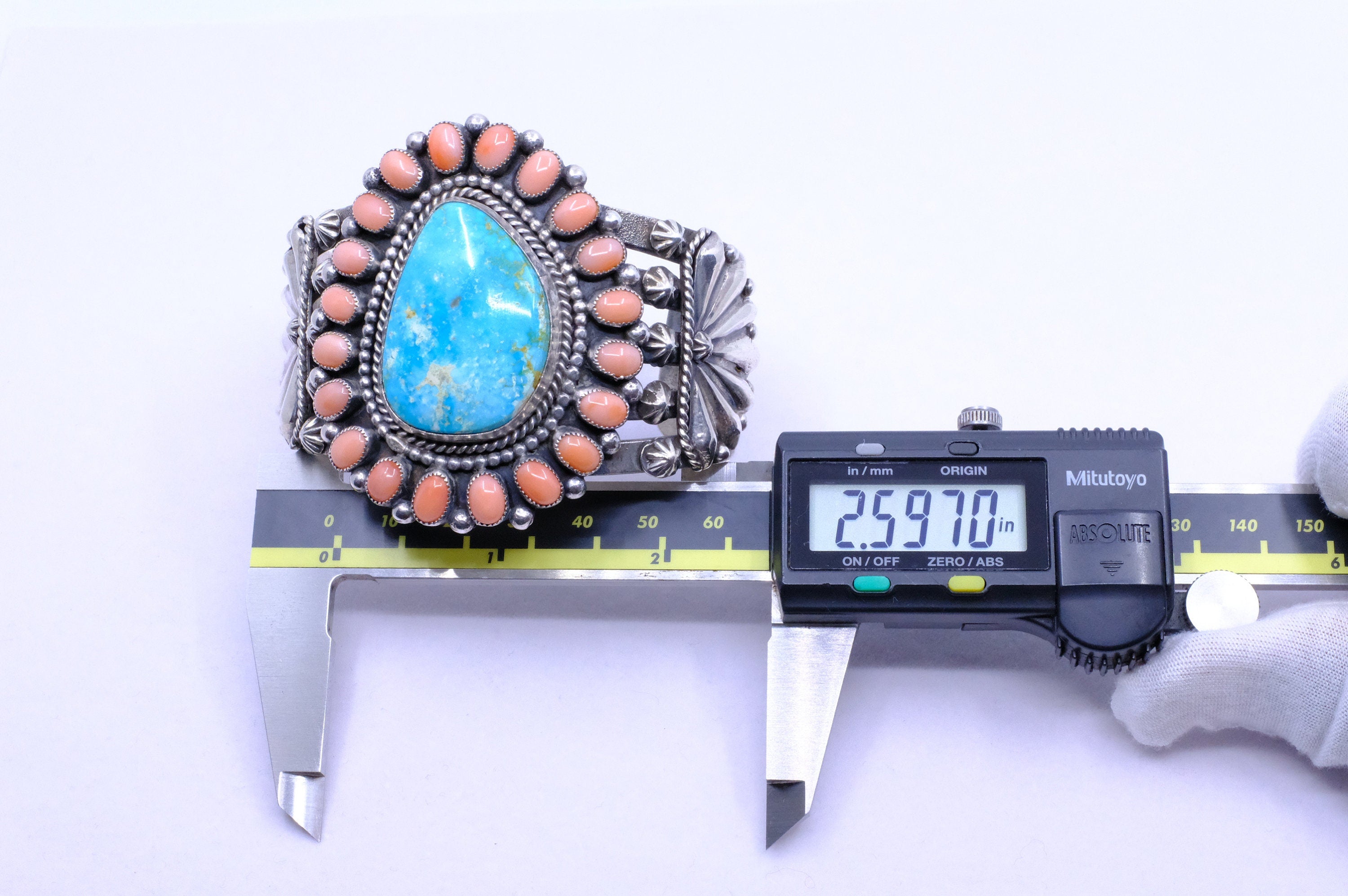 Sterling Silver Kingman Turquoise and Pink Coral Braxton Parkett Navajo Cuff Bracelet