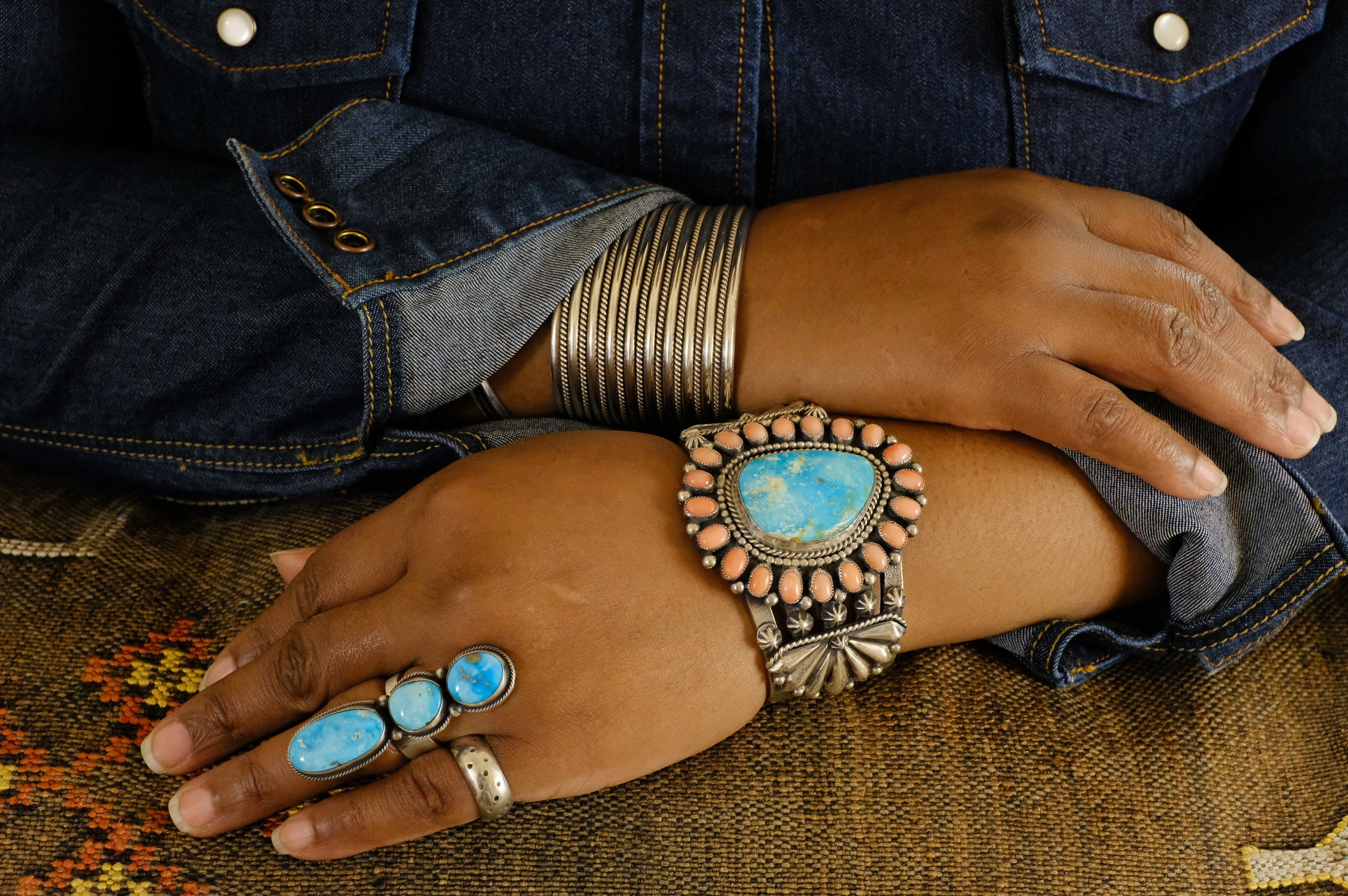 Sterling Silver Kingman Turquoise and Pink Coral Braxton Parkett Navajo Cuff Bracelet