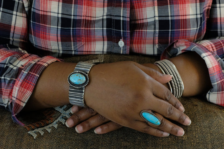 Sterling Silver Kingman Turquoise Hemerson Brown Navajo Cuff Bracelet