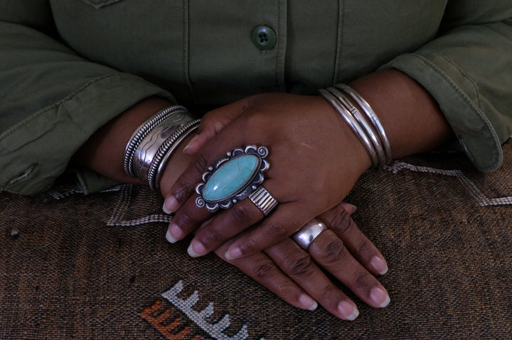 Sterling Silver Kingman Turquoise Juanita Long Navajo Ring