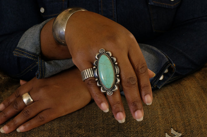 Sterling Silver Kingman Turquoise Juanita Long Navajo Ring