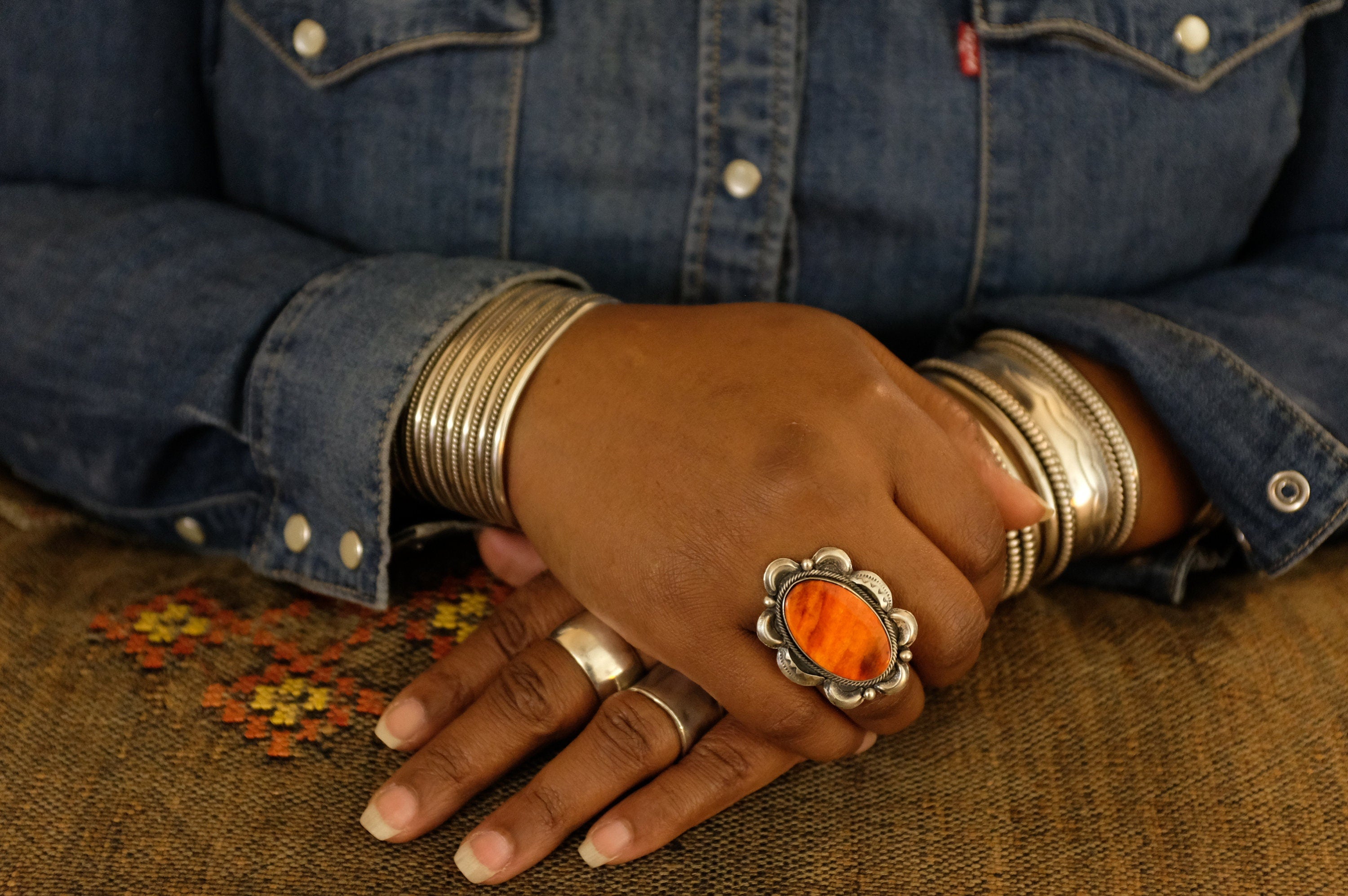 Sterling Silver Orange Spiny Oyster Juanita Long Navajo Ring