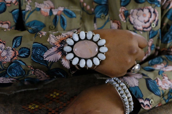 Sterling Silver Rose Quartz & Moonstone Cuff Bracelet