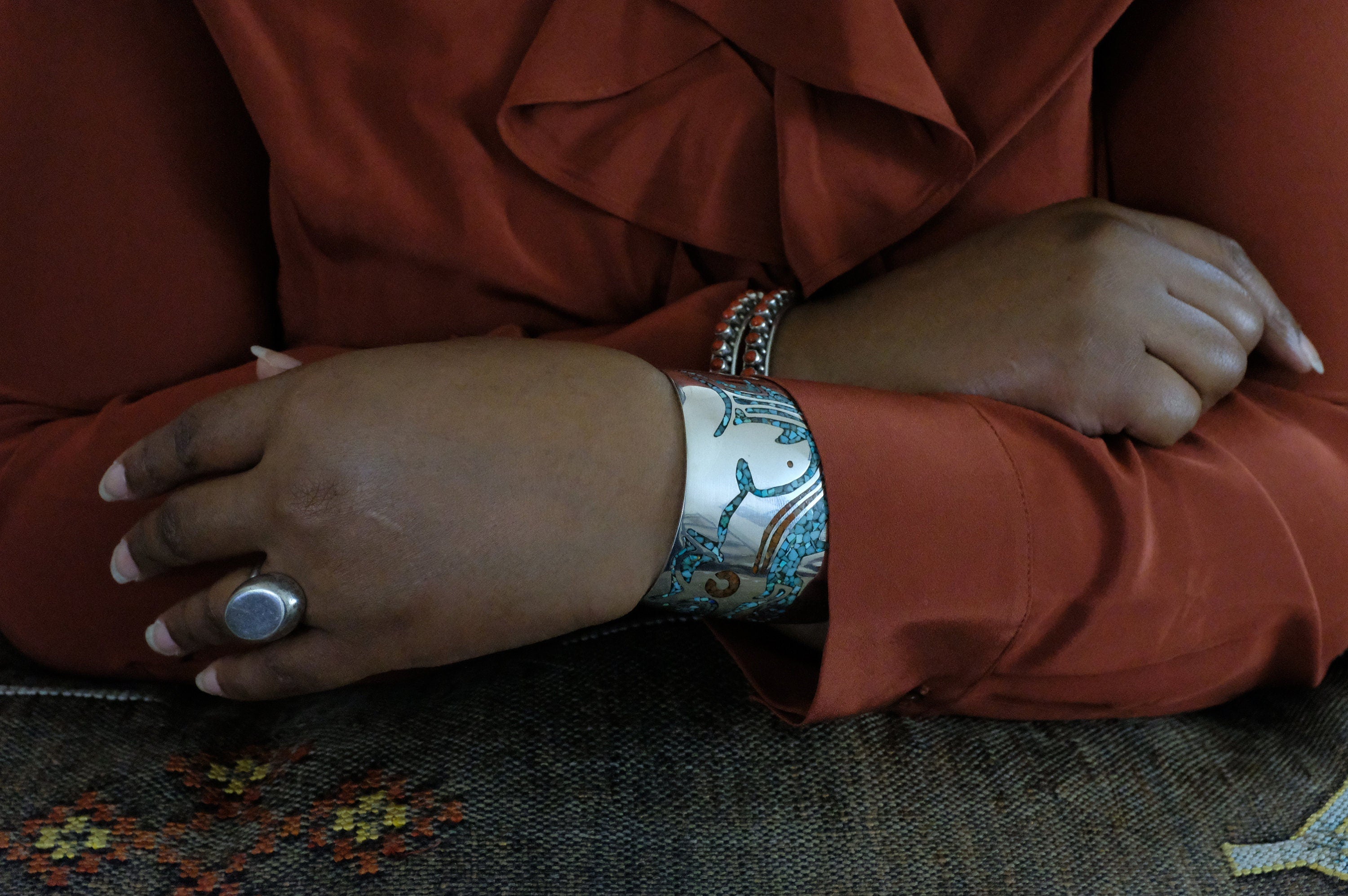 Sterling Silver Turquoise & Coral Chip Inlay Cuff