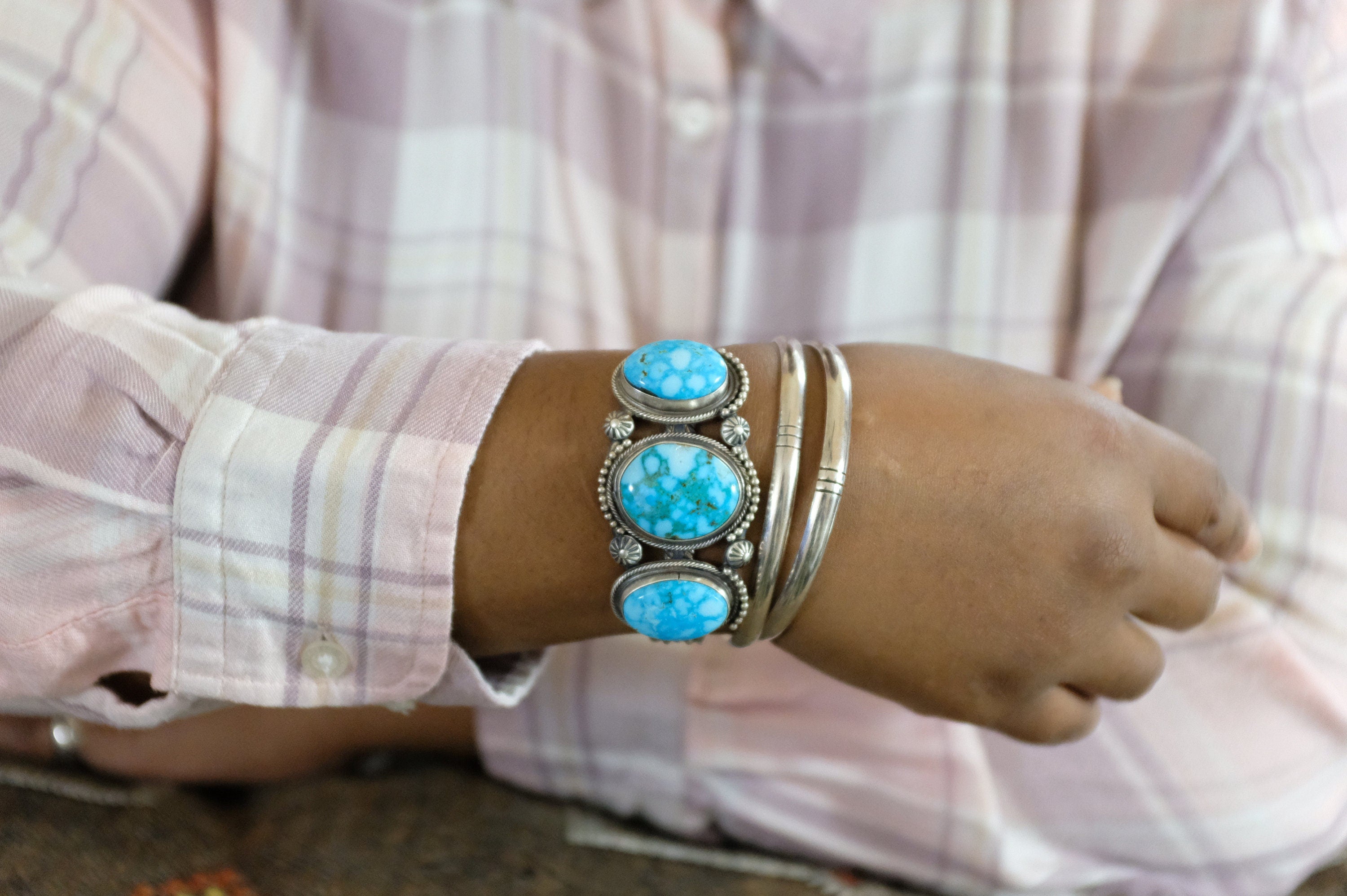 Sterling Silver Kingman Turquoise Kathleen Chavez Navajo Cuff Bracelet