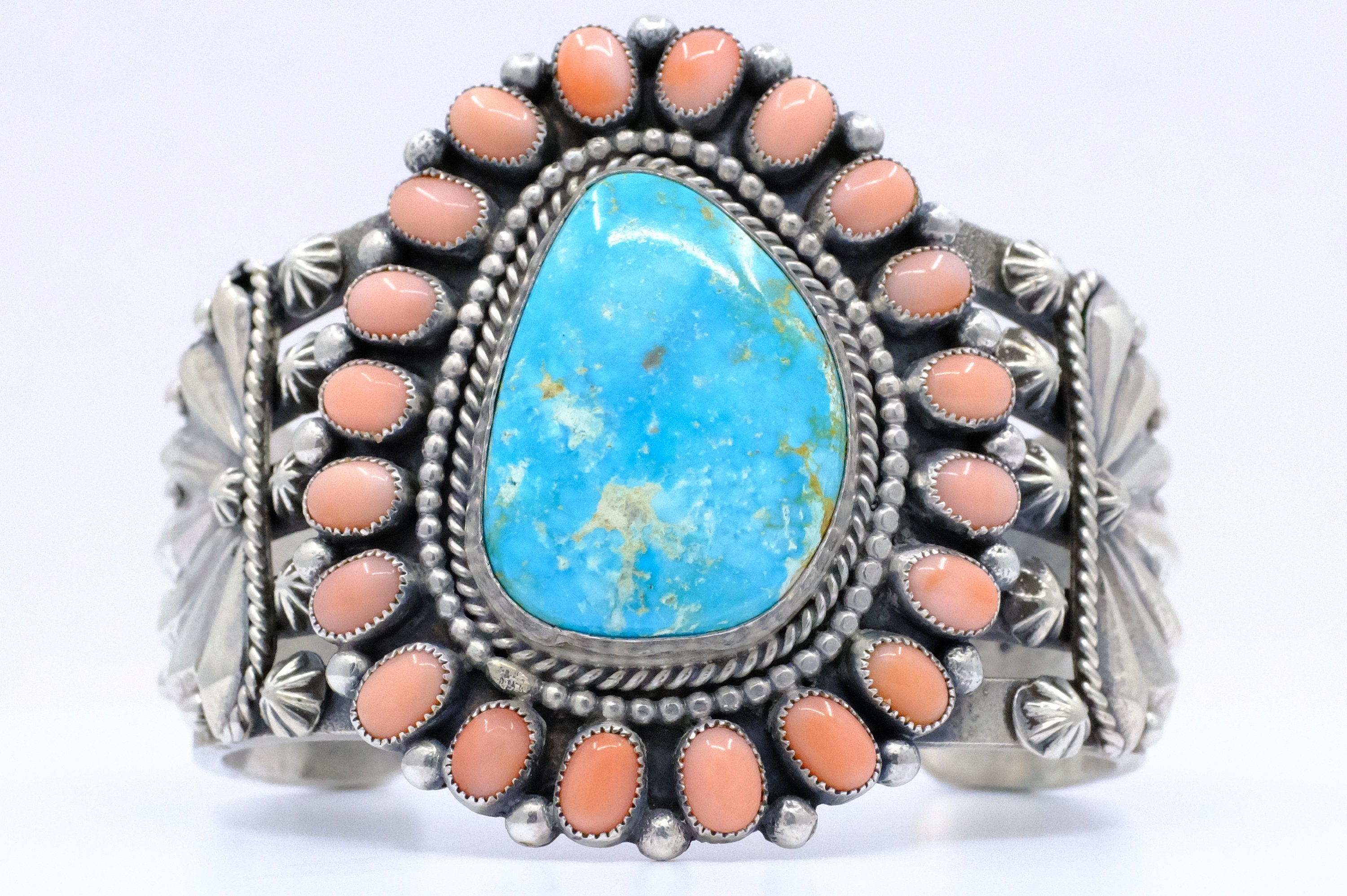 Sterling Silver Kingman Turquoise and Pink Coral Braxton Parkett Navajo Cuff Bracelet