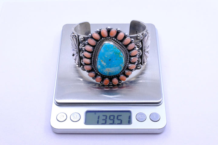 Sterling Silver Kingman Turquoise and Pink Coral Braxton Parkett Navajo Cuff Bracelet