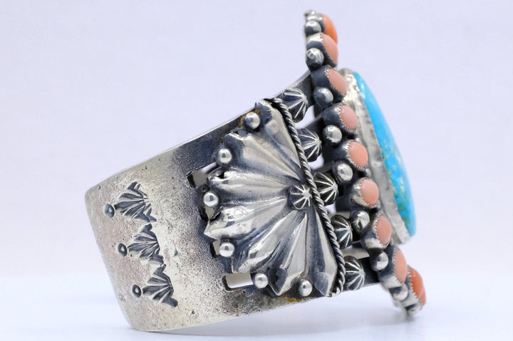 Sterling Silver Kingman Turquoise and Pink Coral Braxton Parkett Navajo Cuff Bracelet