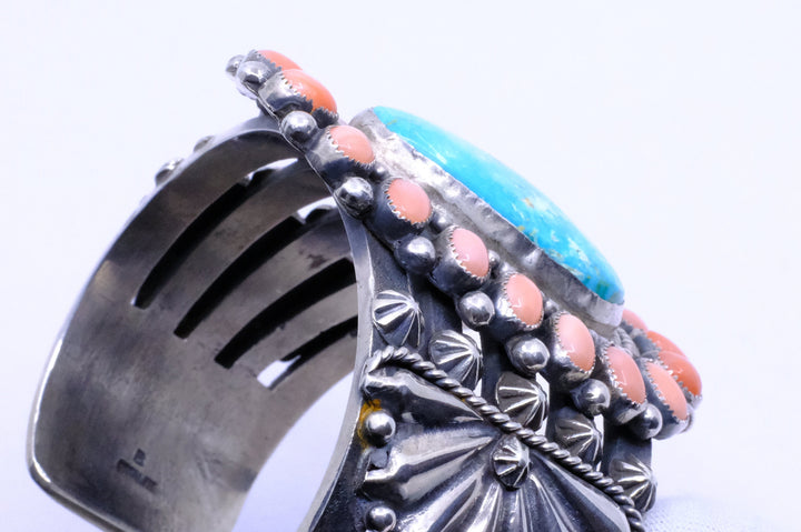 Sterling Silver Kingman Turquoise and Pink Coral Braxton Parkett Navajo Cuff Bracelet