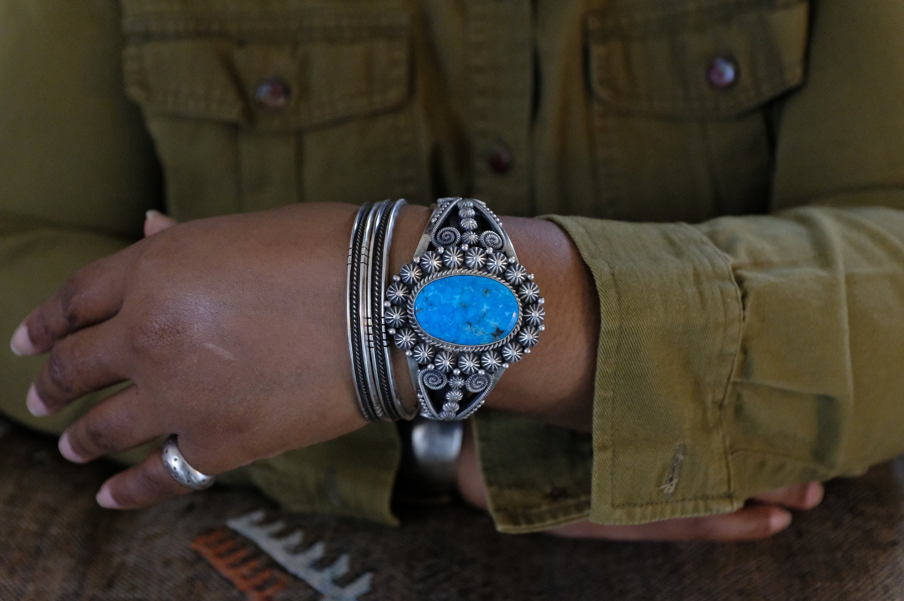 Sterling Silver Kingman Turquoise Michael & Rose Calladitto Navajo Cuff Bracelet