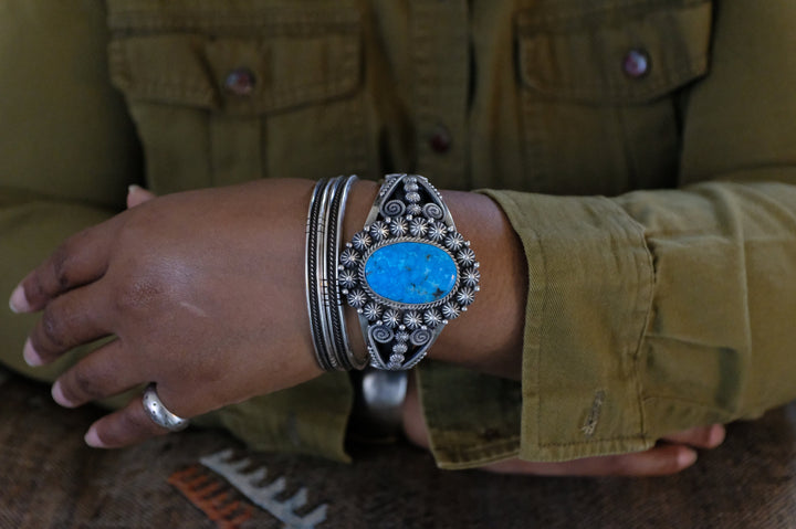 Sterling Silver Kingman Turquoise Michael & Rose Calladitto Navajo Cuff Bracelet