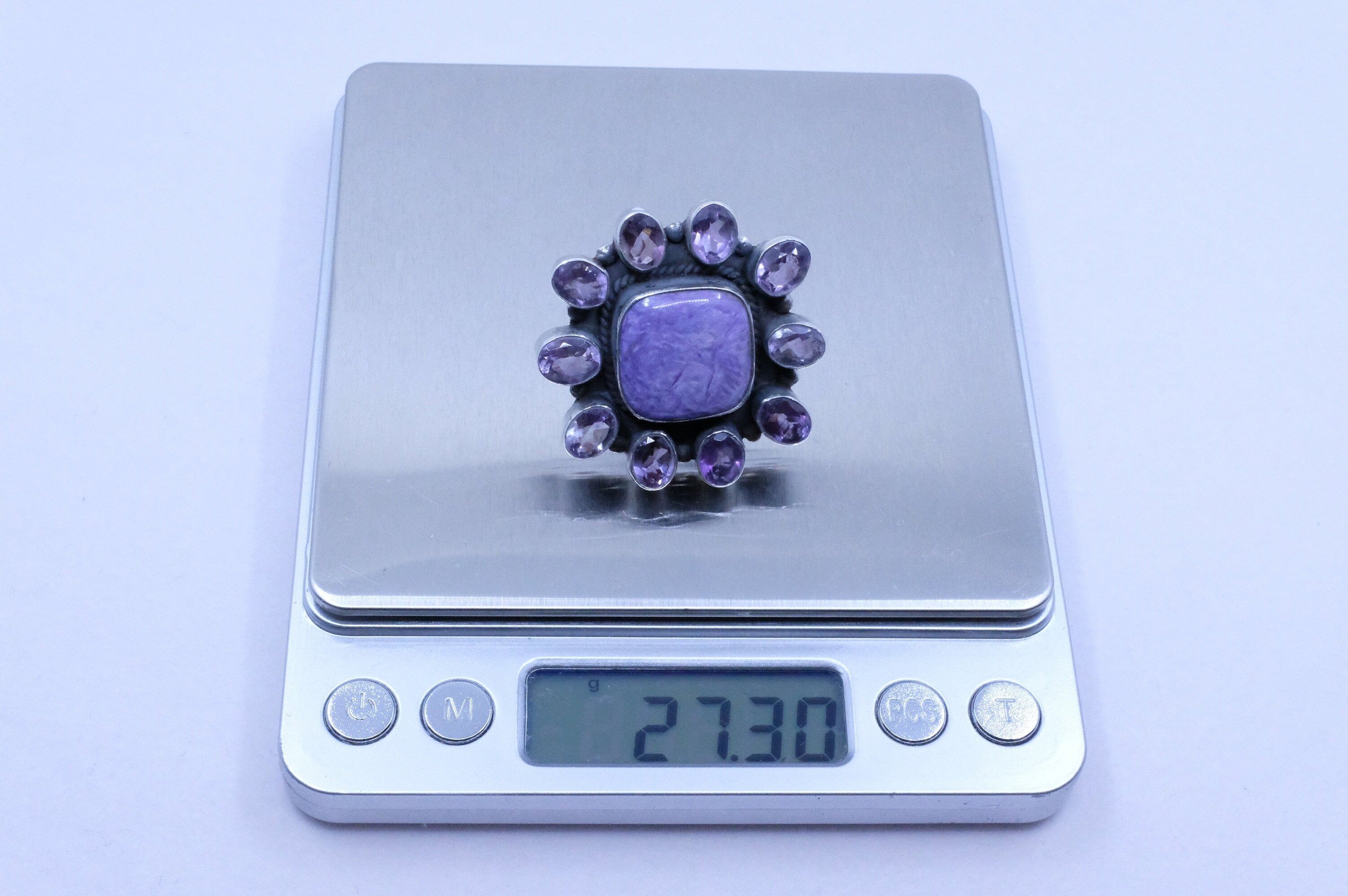 Sterling Silver Charoite & Amethyst Cluster Ring