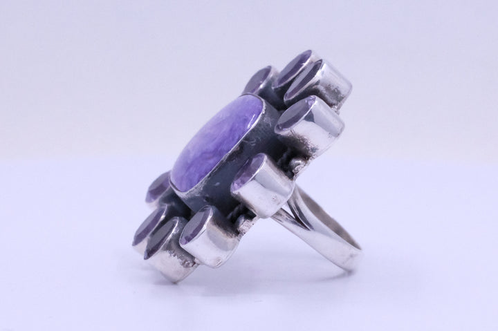 Sterling Silver Charoite & Amethyst Cluster Ring