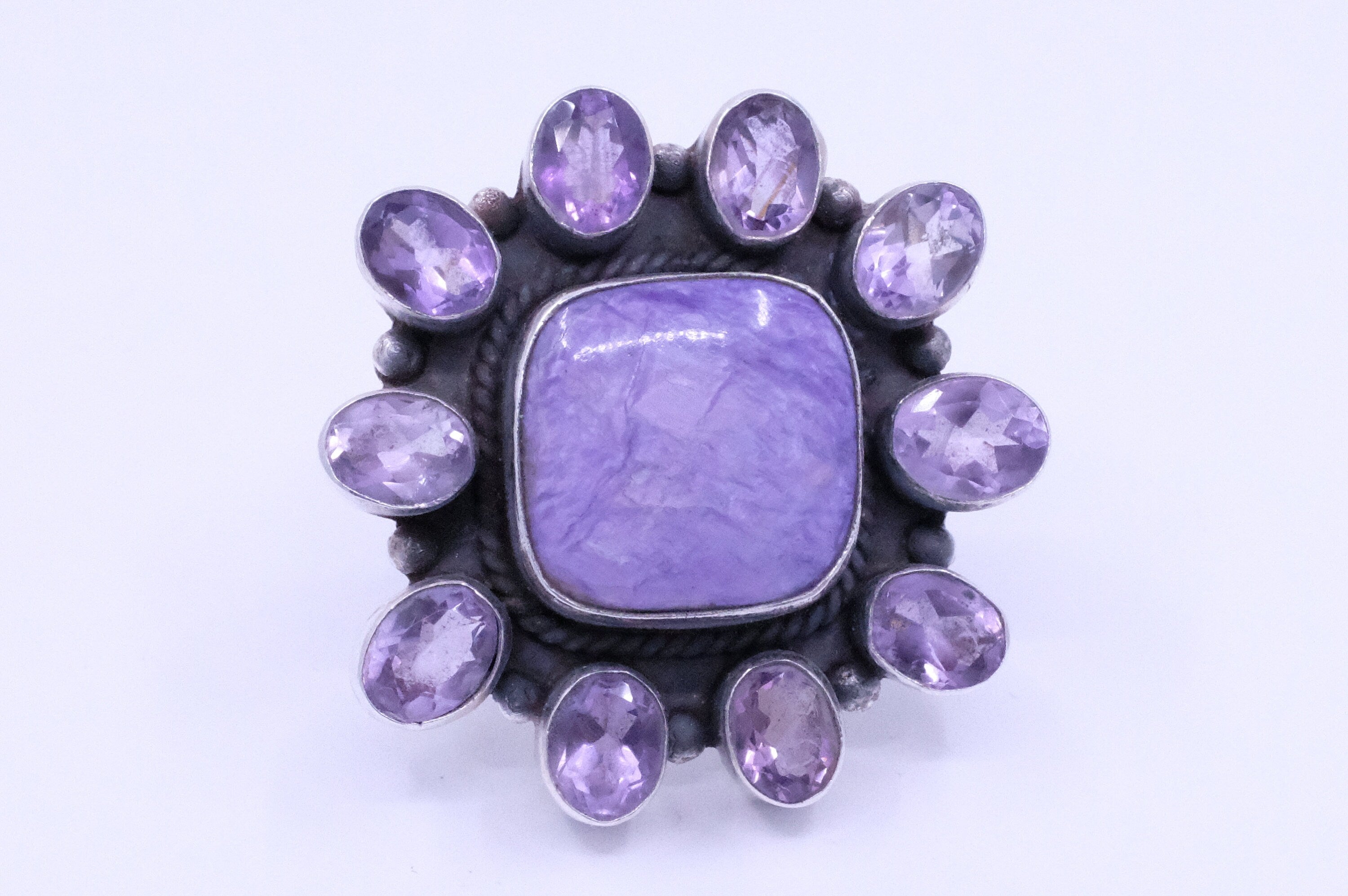 Sterling Silver Charoite & Amethyst Cluster Ring