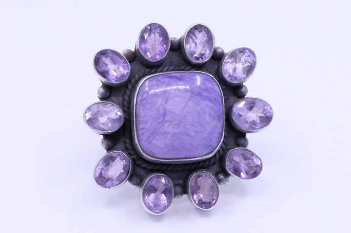 Sterling Silver Charoite & Amethyst Cluster Ring