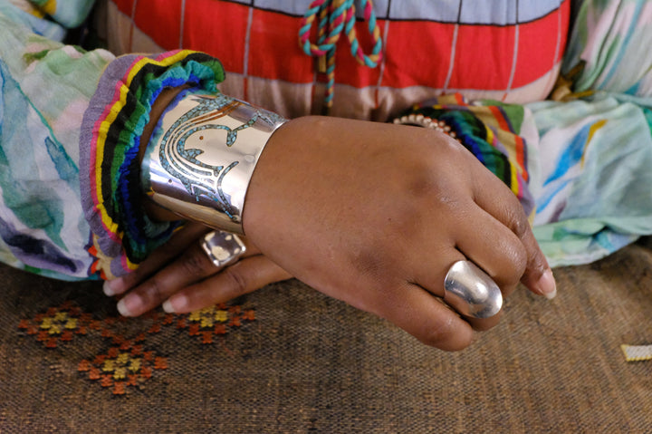 Sterling Silver Turquoise & Coral Chip Inlay Cuff