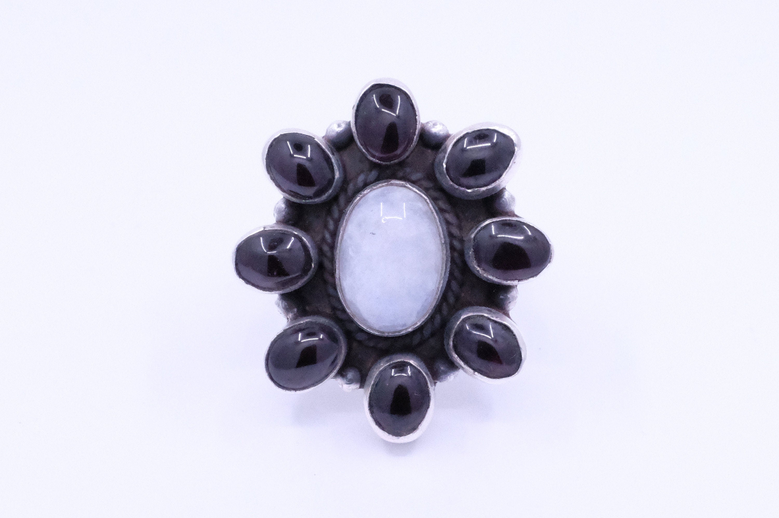 Sterling Silver Garnet & Moonstone Cluster Ring