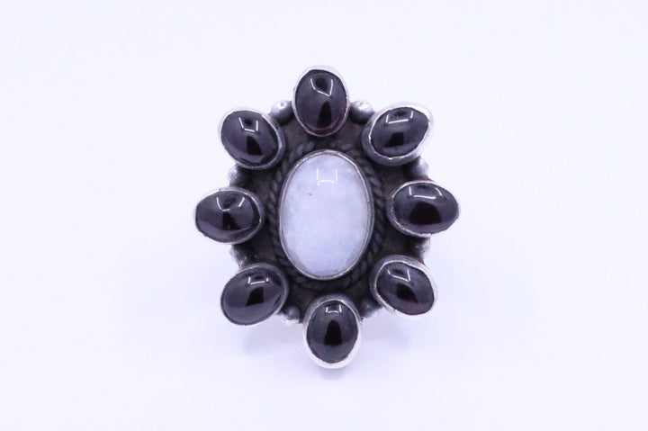 Sterling Silver Garnet & Moonstone Cluster Ring