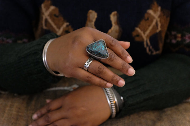 Sterling Silver Hubei Turquoise Chimney Butte Sandcast Ring