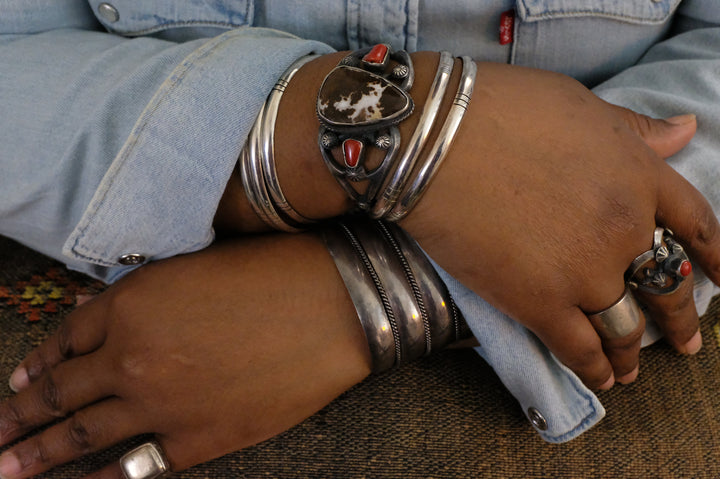 Sterling Silver Wild Horse and Coral Chimney Butte Cuff Bracelet