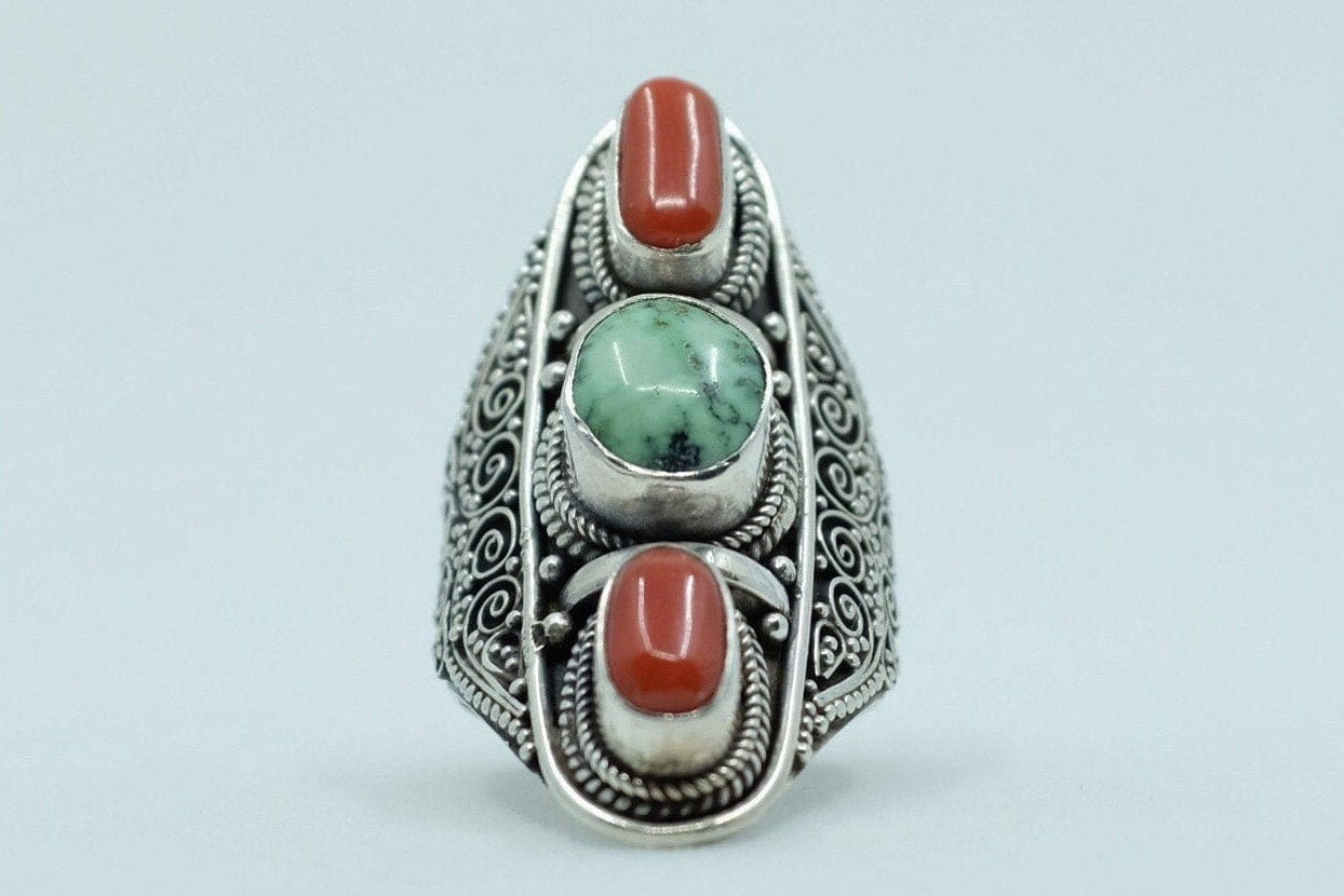 Sterling Silver Turquoise & Coral Filigree Ring