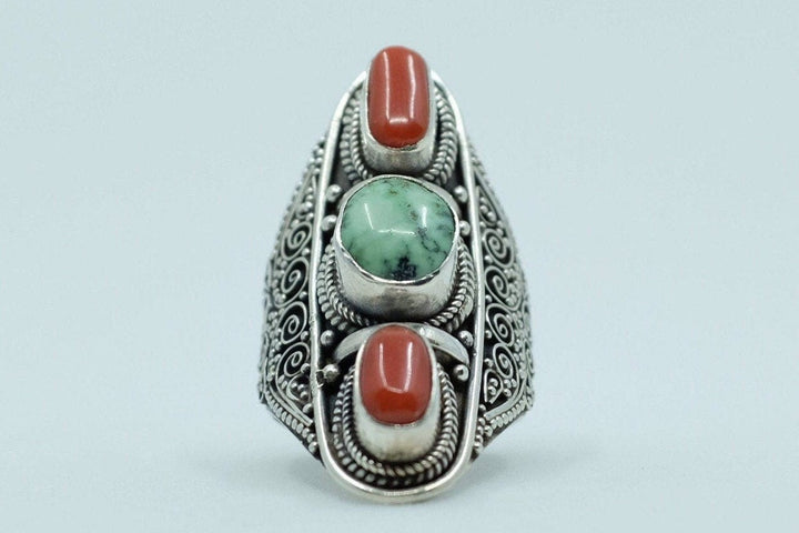 Sterling Silver Turquoise & Coral Filigree Ring