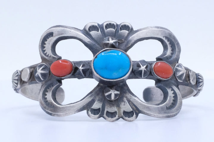 Sterling Silver Turquoise and Coral Chimney Butte Cuff Bracelet