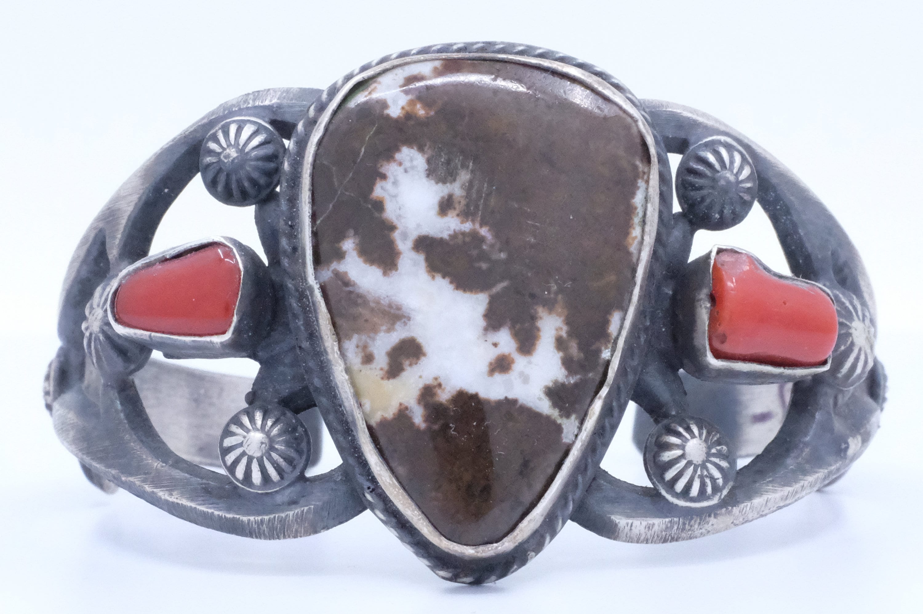 Sterling Silver Wild Horse and Coral Chimney Butte Cuff Bracelet