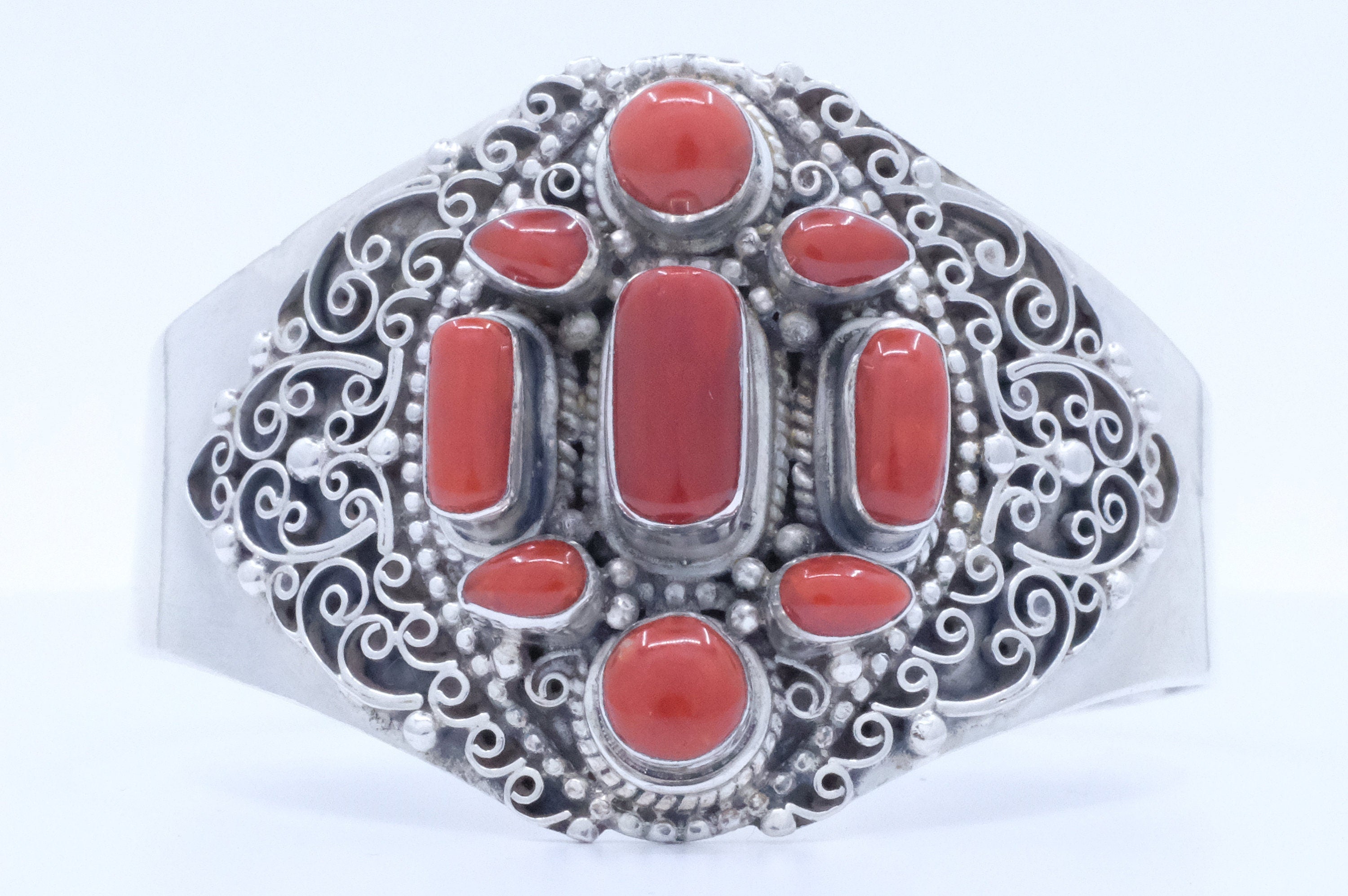 Sterling Silver Coral Filigree Cuff Bracelet