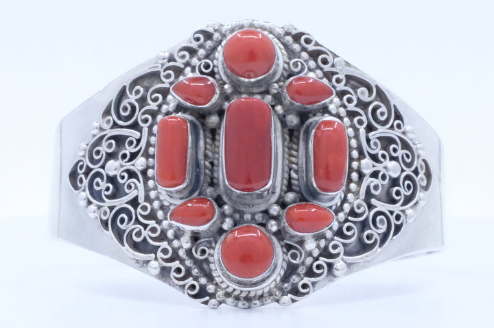 Sterling Silver Coral Filigree Cuff Bracelet