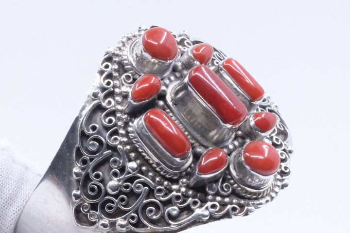 Sterling Silver Coral Filigree Cuff Bracelet