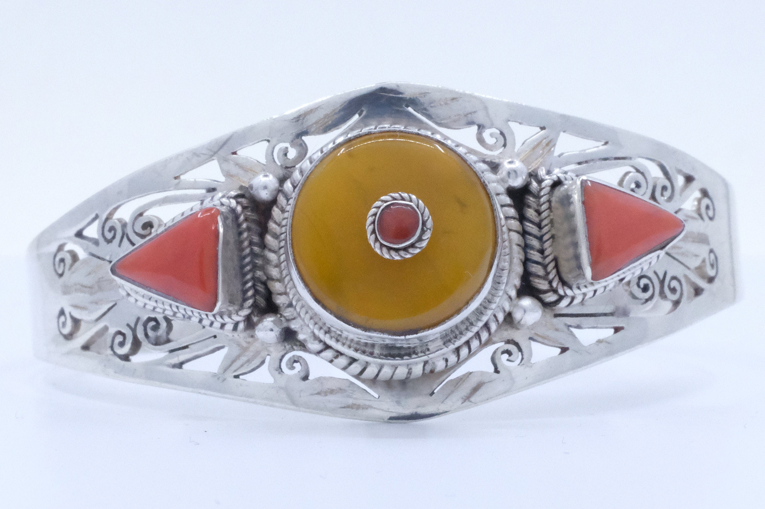 Sterling Silver Tibetan Amber and Coral Cuff Bracelet