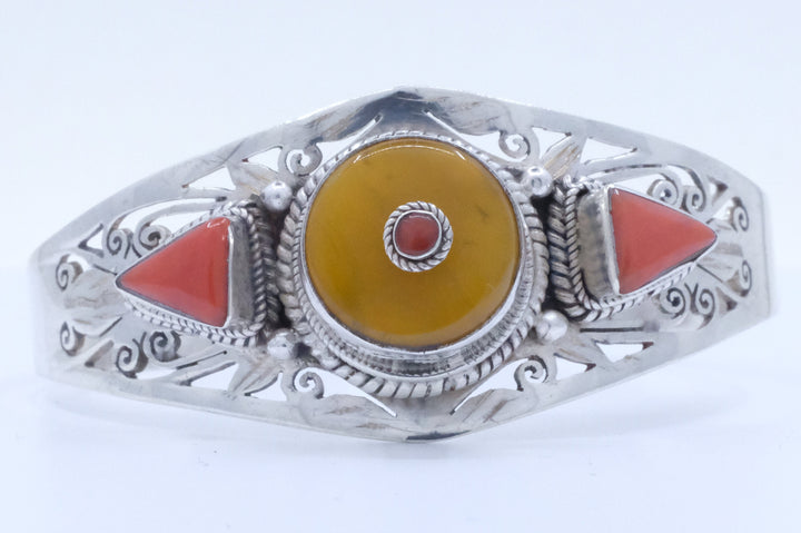 Sterling Silver Tibetan Amber and Coral Cuff Bracelet