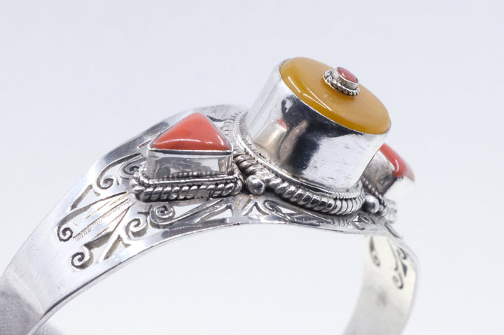 Sterling Silver Tibetan Amber and Coral Cuff Bracelet