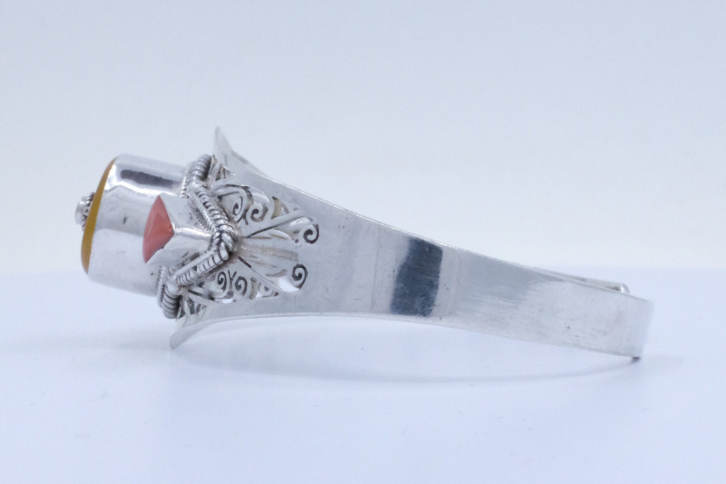 Sterling Silver Tibetan Amber and Coral Cuff Bracelet