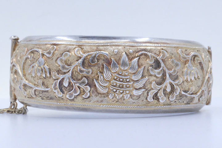 Sterling Silver Gold Filled Repousse Tibetan Hinged Bangle