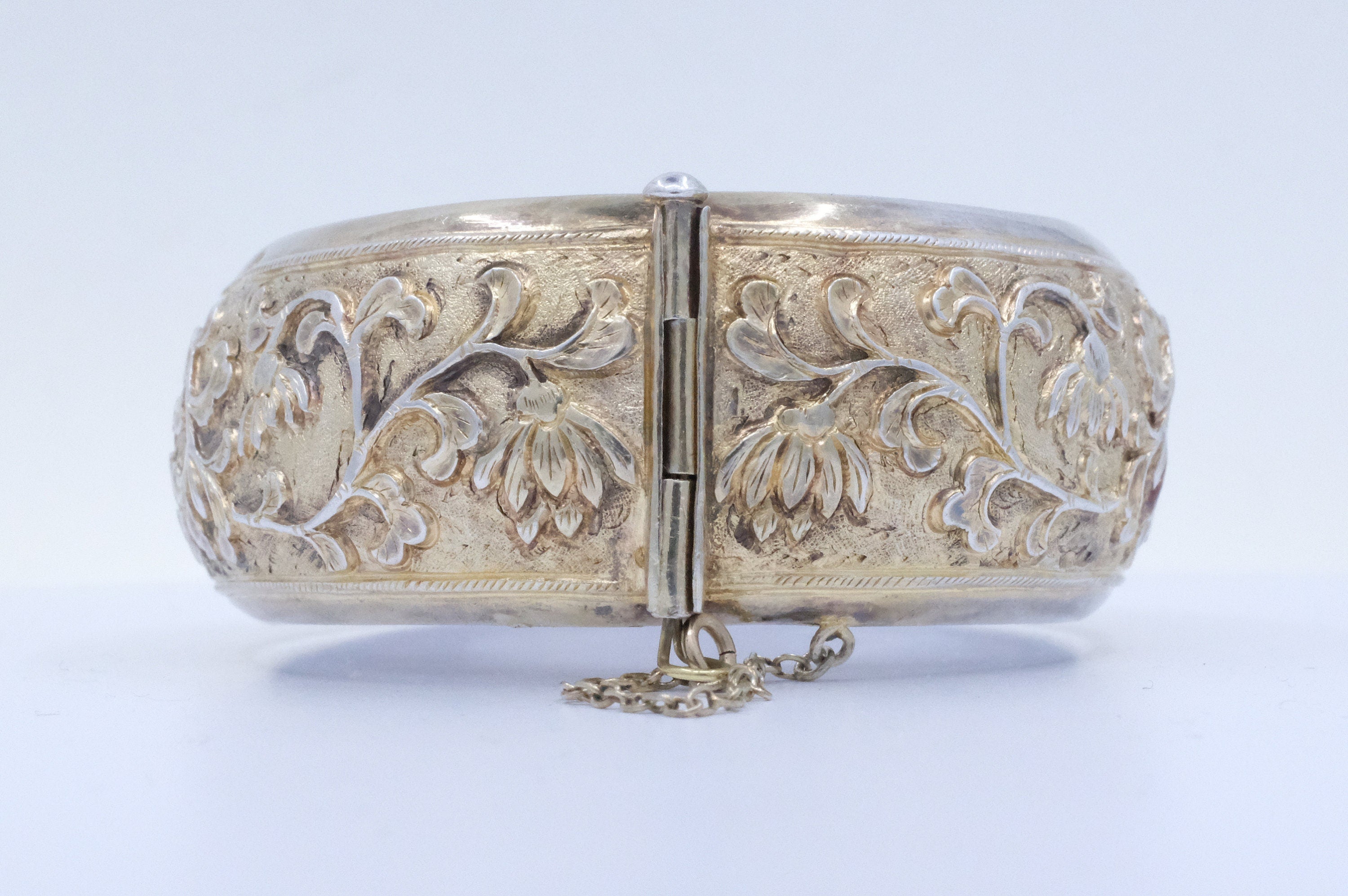 Sterling Silver Gold Filled Repousse Tibetan Hinged Bangle