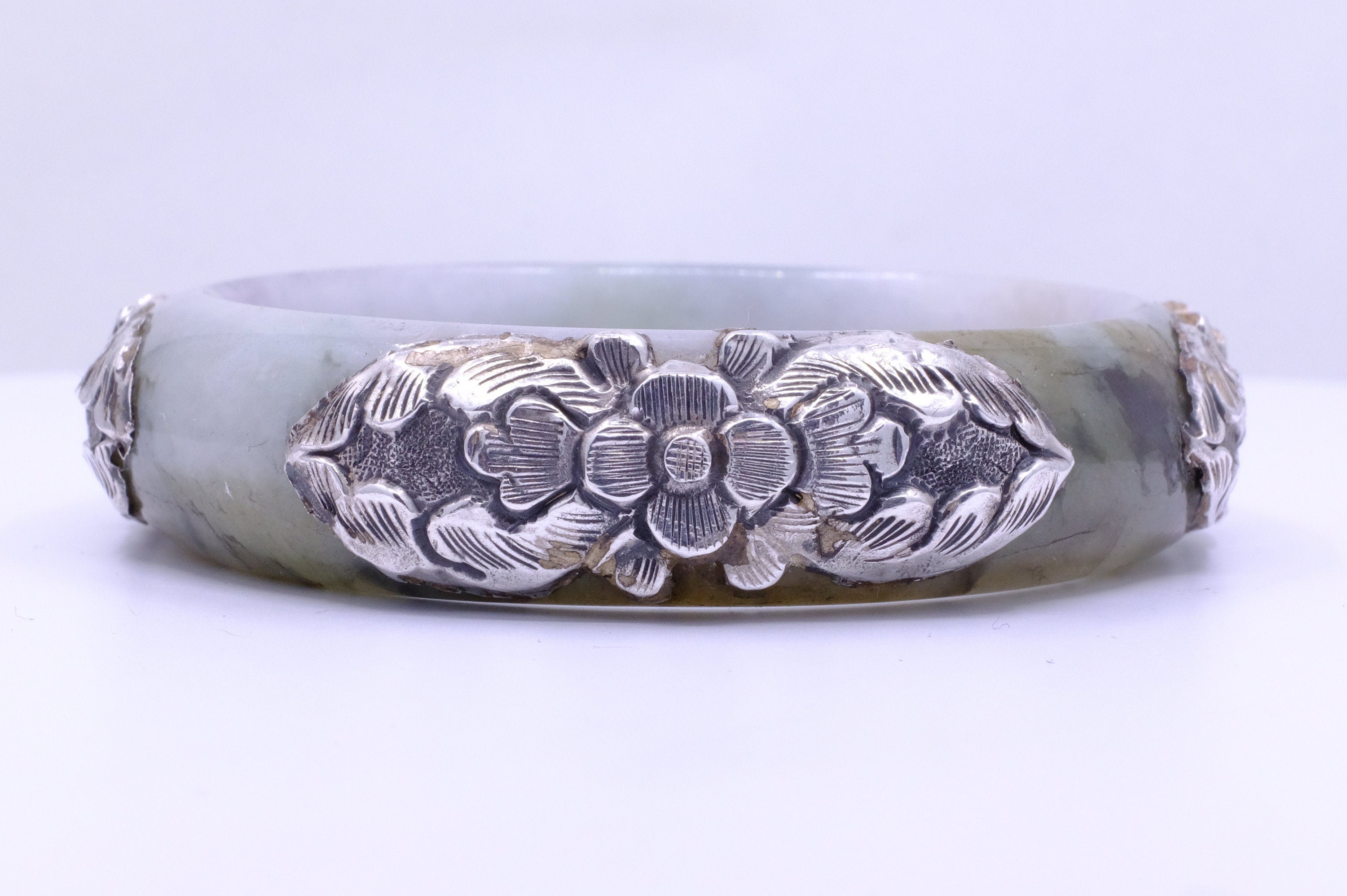 Sterling Silver Jadeite Jade Repoussé Bangle Bracelet