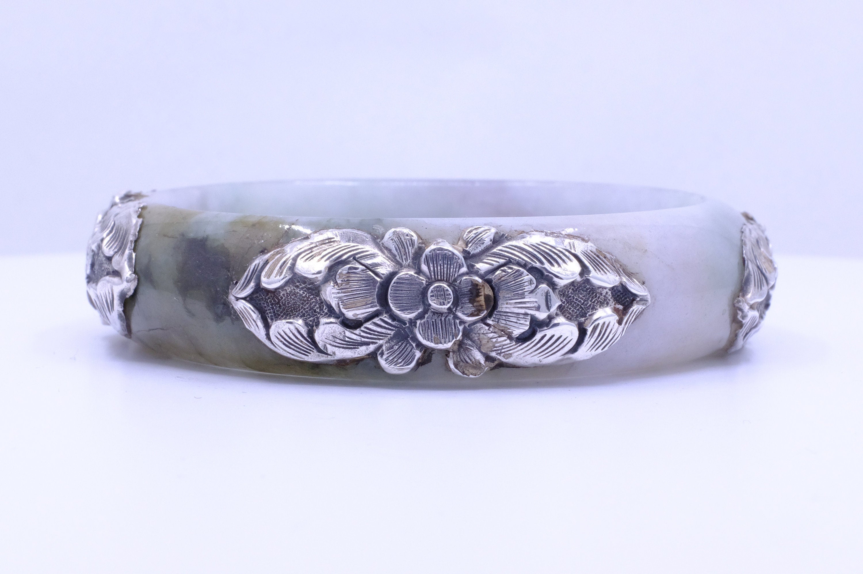 Sterling Silver Jadeite Jade Repoussé Bangle Bracelet