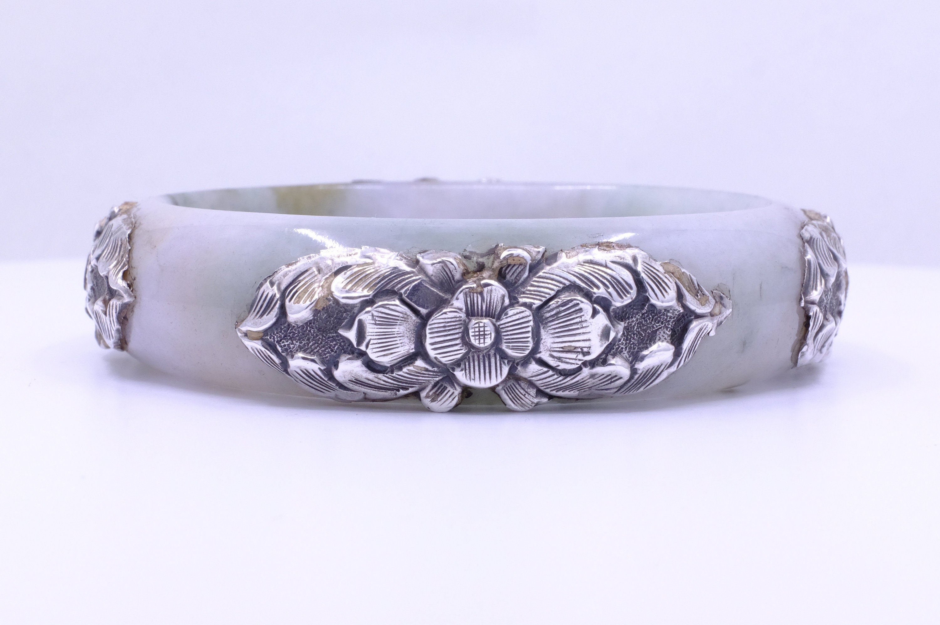 Sterling Silver Jadeite Jade Repoussé Bangle Bracelet