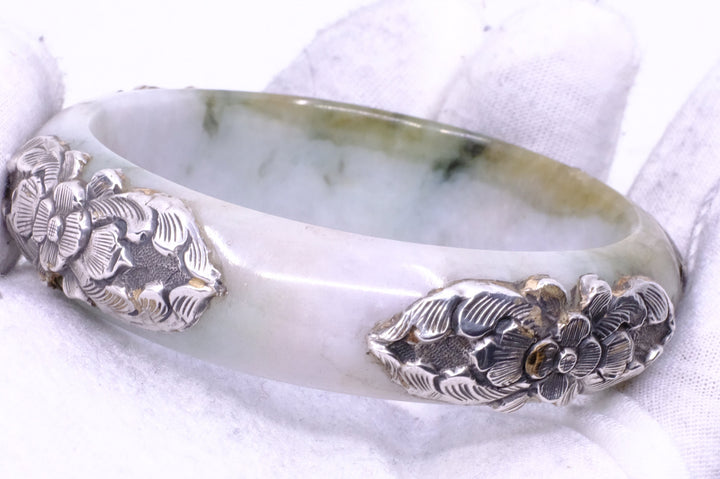 Sterling Silver Jadeite Jade Repoussé Bangle Bracelet