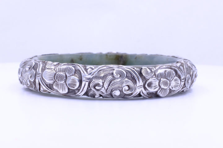 Sterling Silver Nephrite Jade Repousse Bangle