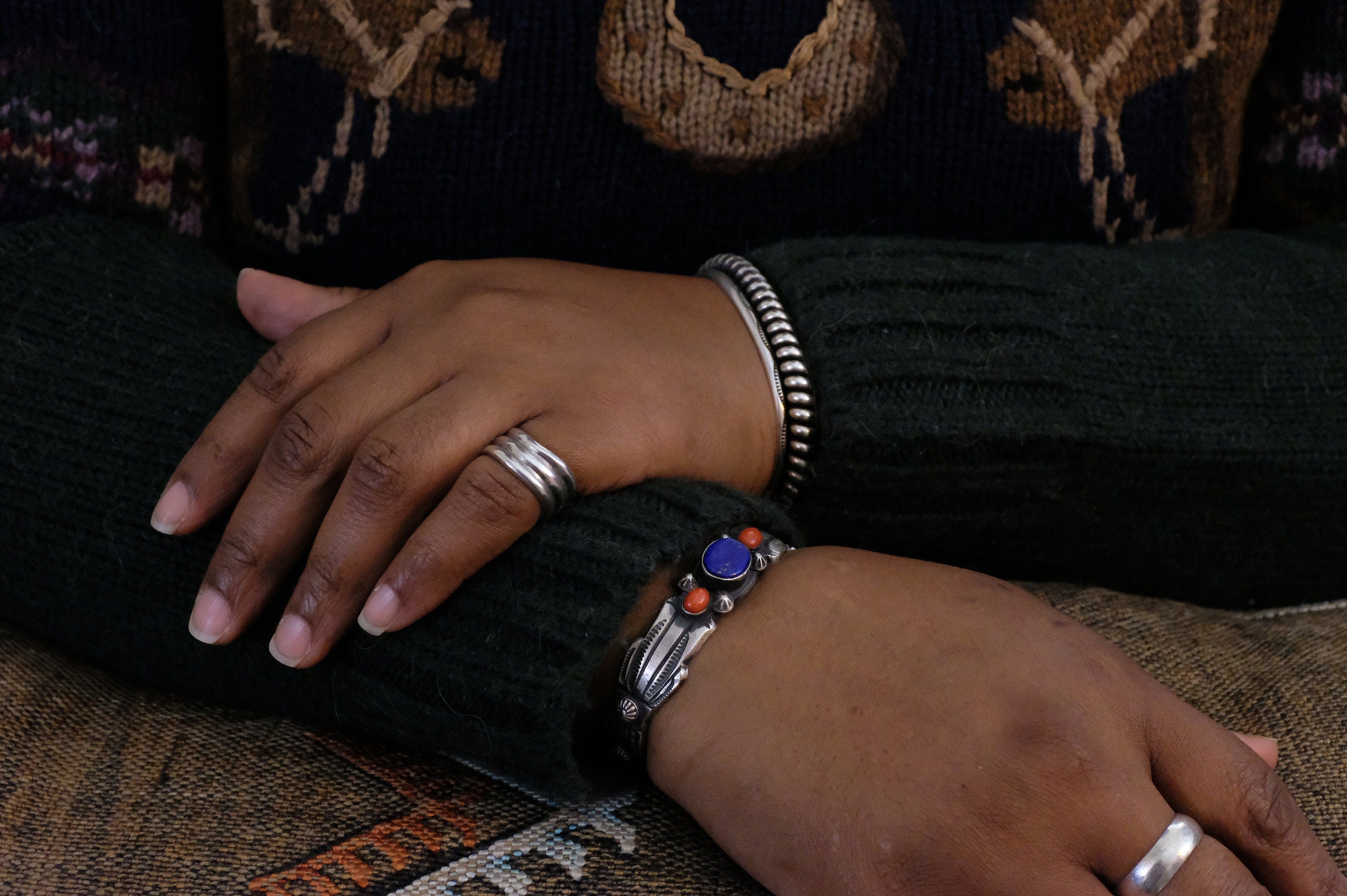 Sterling Silver Lapis Lazuli and Coral Chimney Butte Cuff Bracelet