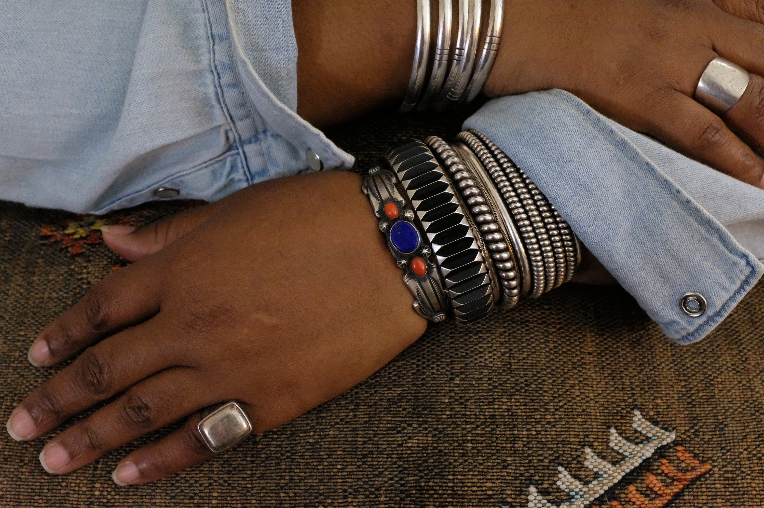 Sterling Silver Lapis Lazuli and Coral Chimney Butte Cuff Bracelet