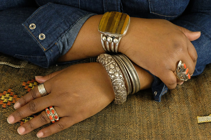 Sterling Silver Tiger's Eye Tibetan Cuff Bracelet