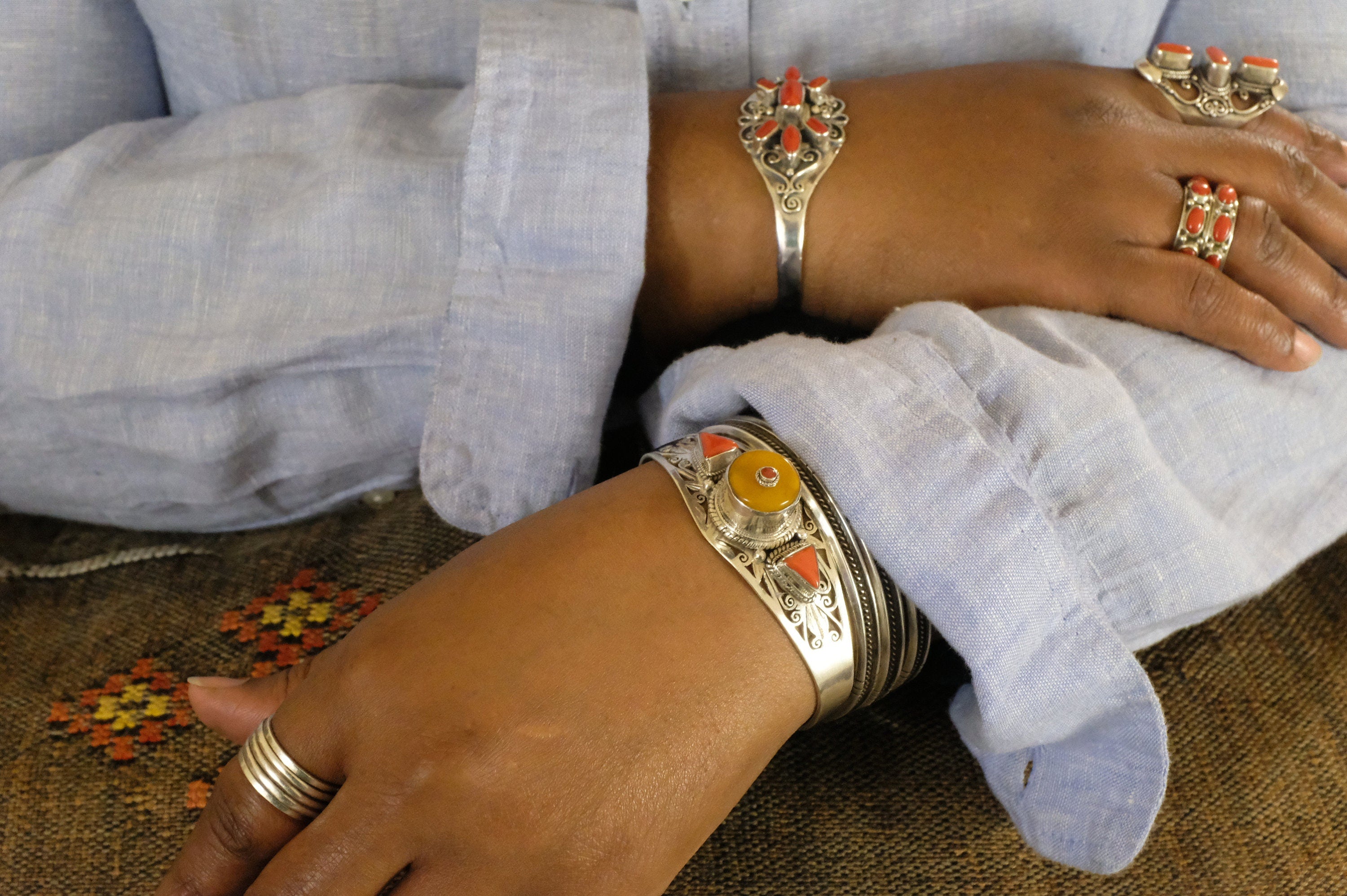 Sterling Silver Tibetan Amber and Coral Cuff Bracelet