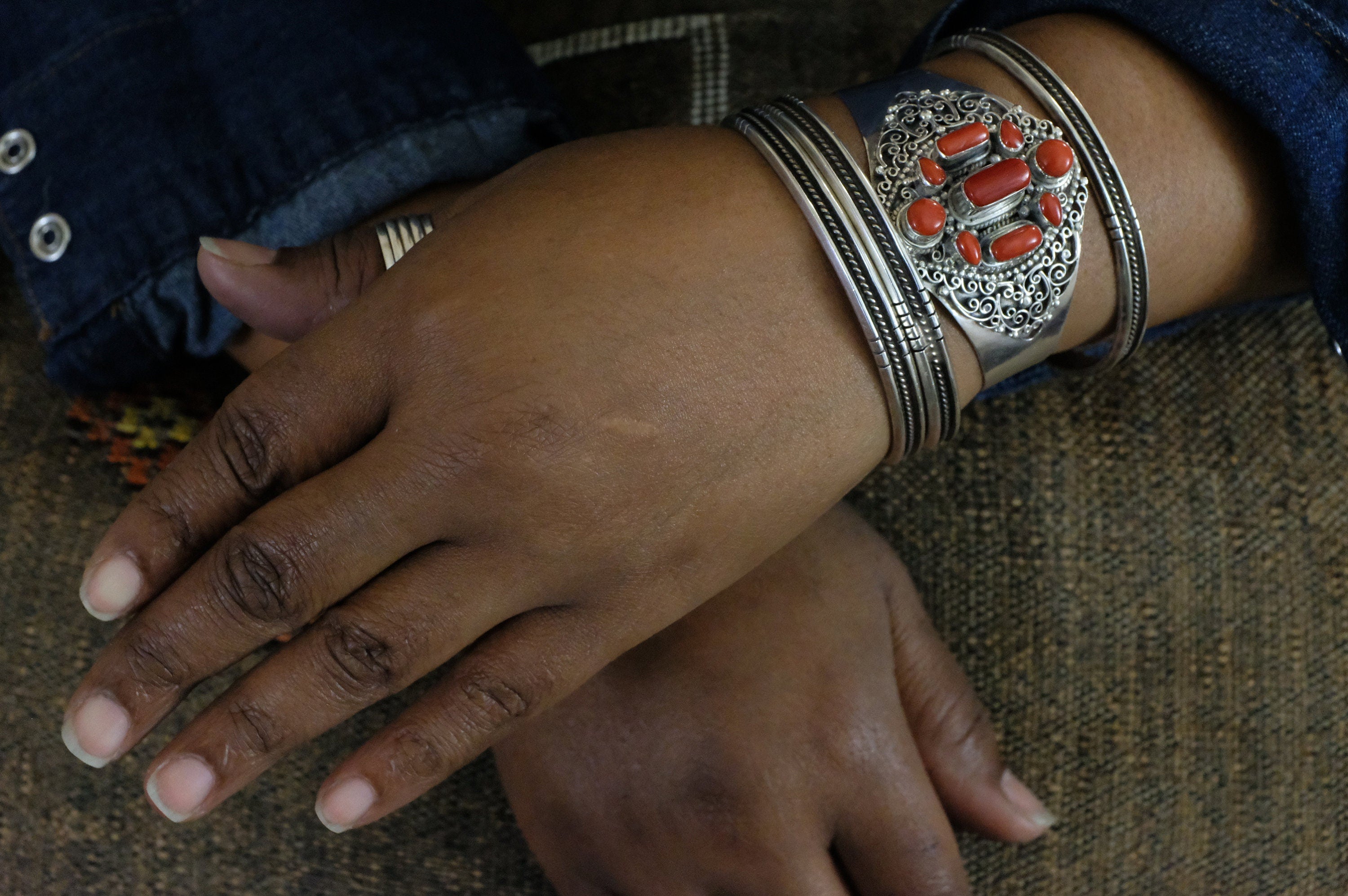 Sterling Silver Coral Filigree Cuff Bracelet