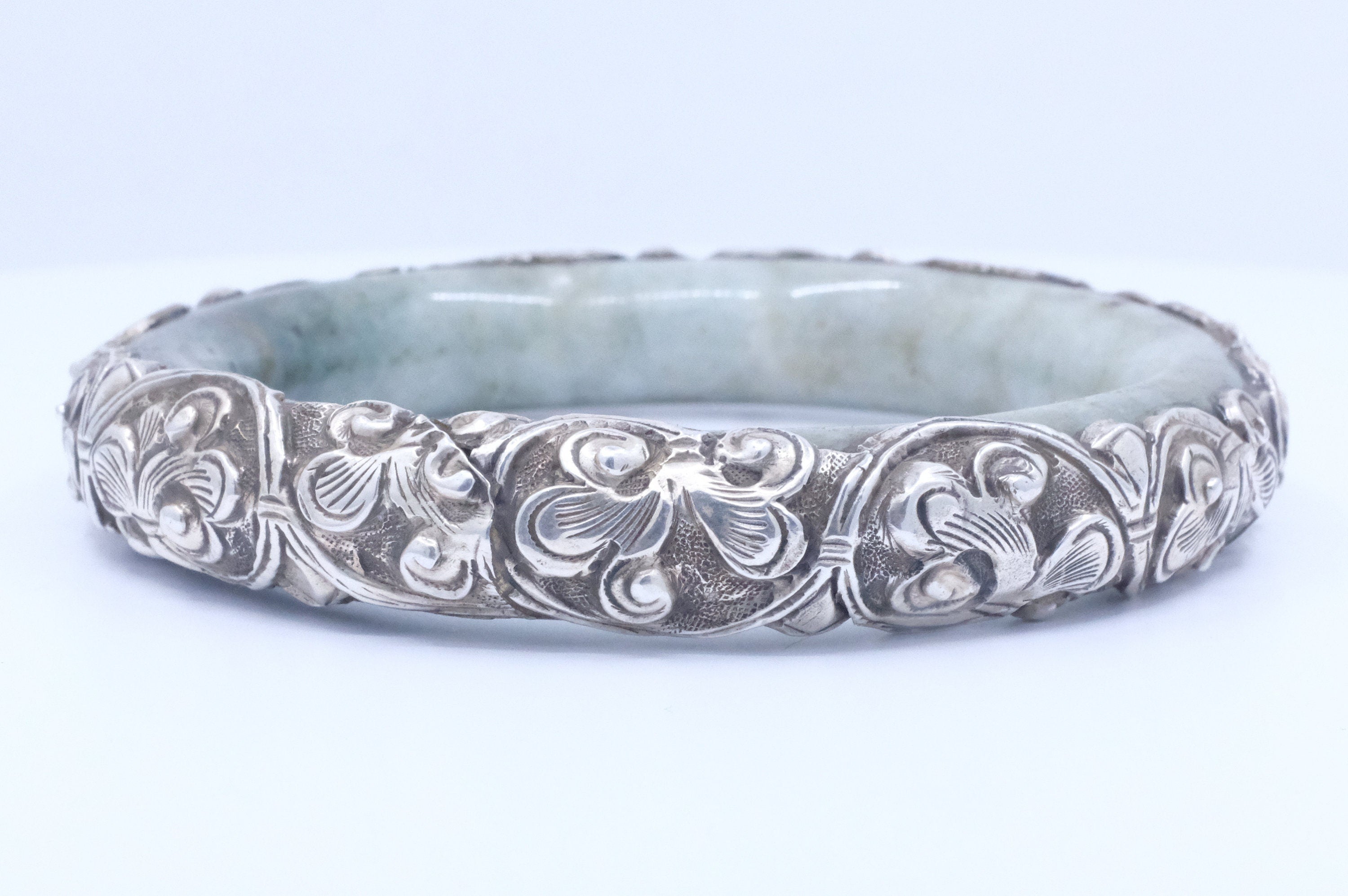 Sterling Silver Jadeite Jade Repoussé Bangle Bracelet